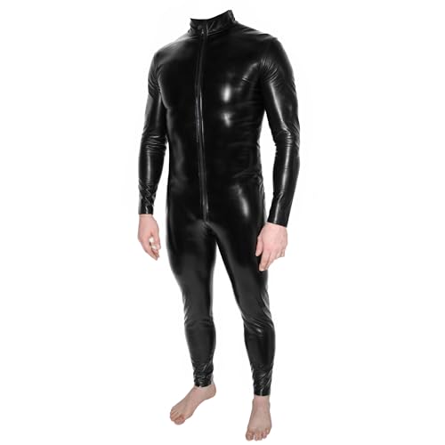 Rubberfashion Kunstleder Catsuit - Ganzkörperanzug Herren Schritt offen - Glanz Ganzkörper Jumpsuit lang Kunstleder Schwarz L