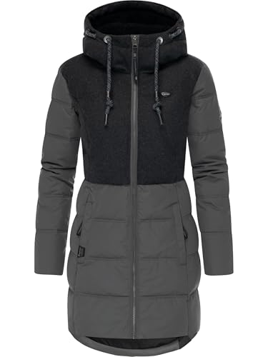 Ragwear Damen Lange Steppjacke Wintermantel mit Kapuze Ashani Block Intl. Stone Grey25 Gr. M