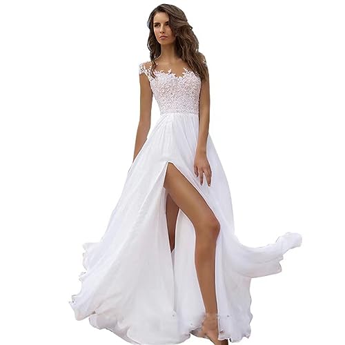 LOGEA Hochzeitskleid Damen Lang Brautkleider Elegant Spitze Brautmode Rückenfrei Abiball Prinzessin Kleider Abendkleider Elegant Für Hochzeit,Weiß,XXL