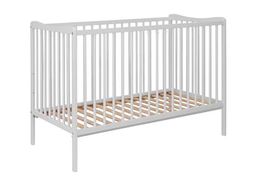 Baby Happy Bliss GRZES Babybett 120x60 cm Weiß, EN 716 geprüft, Kinderbett aus Buchenholz, höhenverstellbarer Lattenrost, 3 herausnehmbare Sprossen