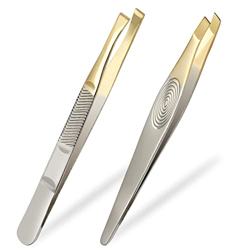 Sularpek Schräge Pinzette, Set mit 2 Pinzetten aus Edelstahl, Präzision, Zupfen von Augenbrauen, Entfernen von Splittern, Vergoldet, 87mm für Damen und Herren