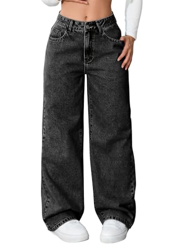 shownicer Baggy Jeans Damen Casual High Waist Weites Bein Jeanshosen Stretch Wide Leg Damenjeans A Schwarz M