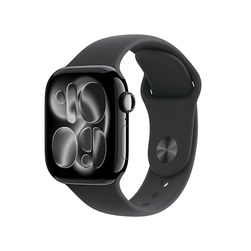 Apple Watch Series 11 GPS 42 mm Smartwatch mit Aluminiumgehäuse in Diamantschwarz und Sportarmband in Schwarz (S/M). Schlafindex, Fitnesstracker, Gesundheitstracking, Always-On Display, Wasserschutz