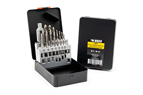 BAER Gewindeschneider Set M3 – M12 HSSG – 15-tlg. Gewindebohrer Set mit Kernlochbohrer & Windeisen - Profi Gewindeschneidsatz in Metallkassette - Gewindebohrer Satz