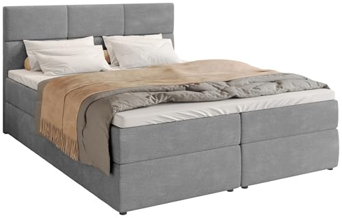 BROMARKT Boxspringbett mit Bettkasten Polsterbett mit Bonell-Matratze und Topper Doppelbett mit Stauraum Bett für Schlafzimmer gepolstertes Kopfteil Boston 180x200 Härtegrad H3 Flachgewebe Hellgrau