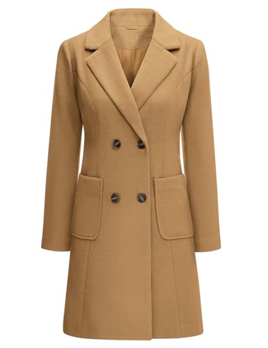 Yuson Girl Wintermantel Damen Langer Wollmantel Herbst Winter Klassischem Revers Coat Warmer Übergangsmantel Elegant Kurzmantel Einfarbig Jacke Outwear mit Doppelreihigen Knöpfen(Camel, S)
