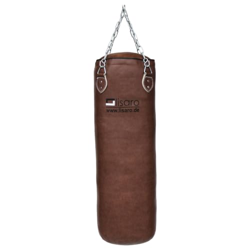 Lisaro Profi Boxsack/Sandsack 120cm | geeig. für Jede Sportart | Ca. 35-38 kg | gefüllt/ungefüllt | inkl. Vierpunkt - Stahlkette | Material Kunstleder (Vinyl) | Studioqualität | Braun (ungefüllt)