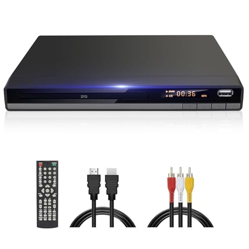 Kompakt HD DVD Player für TV HDMI AV Ausgang mit Kabel Enthalten, 1080P DVD-CD-Player mit USB Eingang, Alle Regionen Frei, Fehler Korrektur, Integriertes PAL NTSC-System (Schwarz DVD-168)