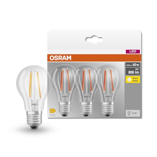 Osram LED Base Classic A, in Kolbenform mit E27-Sockel, Nicht Dimmbar, Ersetzt 60 Watt, Filamentstil Klar, Warmweiß - 2700 Kelvin, 3er-Pack