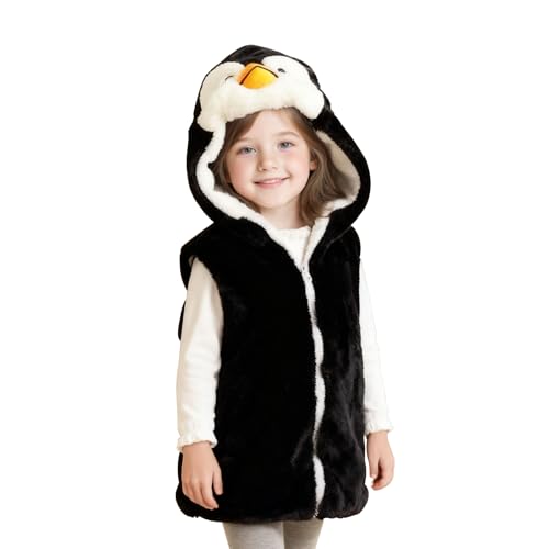 Doladola Unisex Kinder Kapuzenweste Plüsch Mode Weste mit Tier Hoodie für Jungen und Mädchen Dress Up Kostüm (Pinguin, M)