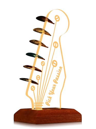 CoolGift Mart Light Up Gitarren-Pick-Halter, Acryl E-Gitarre Kopfplatte geformt Pick-Halter mit hölzernen Basis für Picks Lagerung und Anzeige, Geschenk für Gitarrenspieler Gitarristen