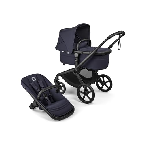 Bugaboo Fox 5 Renew, 2-in-1 Kinderwagen für jedes Gelände, mit Liegewanne und ausziehbarem Kleinkindsitz, praktische Ein-Hand Faltung, Fahrgestell in Schwarz und Sonnendach in Deep Indigo