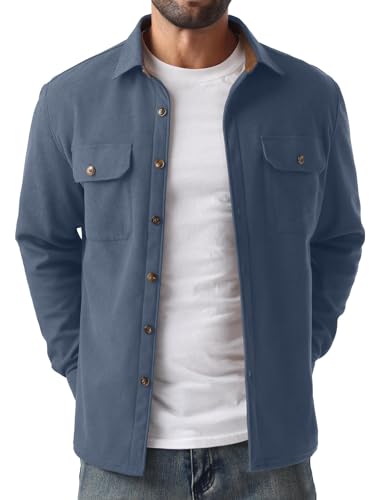 QIXING Herren Fleece Cordhemd Langarm Button Down Freizeithemd Regular Fit Hemdjacke Herbst Winter Mantel mit Klappentaschen (Blau, L)