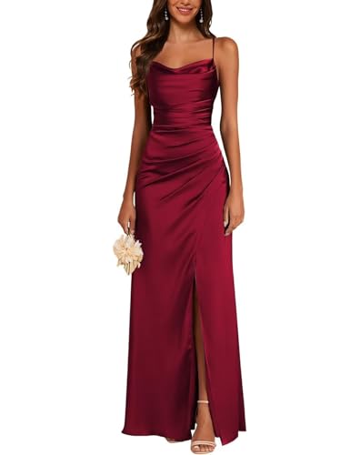 JAEDEN Satin Brautjungfernkleider Spaghettiträger Ballkleider Lang mit Schlitz Meerjungfrau Falte Abendkleider Wein Rot 36