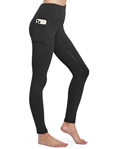 FitsT4 Sports Damen Winterreitleggings Silikon Vollbesatzreithose mit Fleecefutter mit Handytasche und Gürtelschlaufen,Schwarz,S