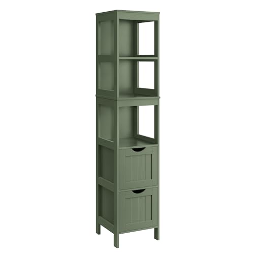 VASAGLE Badezimmerschrank, Schrank freistehend, Badezimmermöbel, mit 2 Schubladen, offenen Fächern, für Badezimmer, Wohnzimmer, Küche, modern, 30 x 30 x 141,5 cm, waldgrün BBC066C01