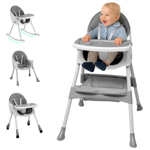 LEADZM 3 in 1 Babyhochstuhl, Verwandelt sich in einen Schaukelstuhl, Abnehmbares Doppeltablett, Faltbarer Hochstuhl Baby mit Lenkrollen und Aufbewahrungskorb, für Babys 6-36 Monaten (Grau)