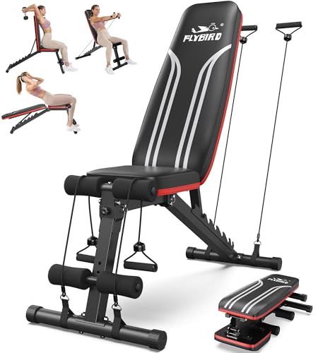 FLYBIRD Multifunktionale Hantelbank, 8-Fach Verstellbare Rückenlehne/3-Fach Verstellbare Fußstütze, 317 kg Belastbarkeit, Klappbare Trainingsbank mit 90° für das Heim-Fitnessstudio