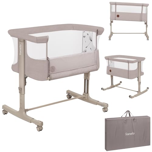 Lionelo Aurora 3 in 1 Babybett bis 9 kg, Beistellbett, Wiege, Höhenverstellug und Einstellung der Neigung der Matratze, 4 Räder mit Bremse Ergonomische Matratze Tasche