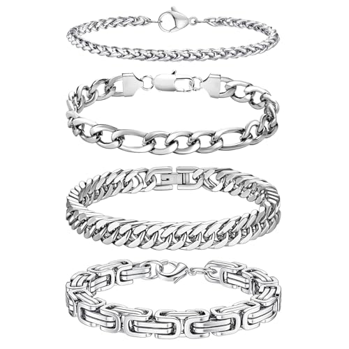 LOCCY Armband Herren, 4 Stück Silber Edelstahl Herrenarmbänder Panzerkette Armband Königskette Armbänder Figaro Armbänder Glieder Link Armkette für Männer Jungs (4 Stück-Silber-4/6mm, Zentimeter, 19)