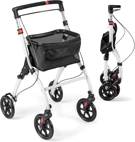 FANTASK Rollator Schmal für Wohnung, 5-Fach höhenverstellbarIndoor Wohnungsrollator, faltbar und leicht, inkl. Tablett, Korb, 4 Rädern & Bremsen