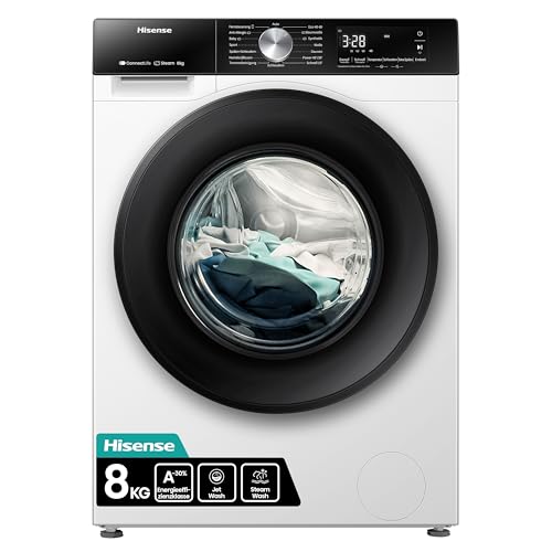 Hisense WF3S8043BW3 Waschmachine mit Dampffunkunktion, 8 kg, 1400 U,min, WIFI, ConnectLife, Power JetWash, Anti-Allergie Programm, Aqua Stop, Auto Wash, Quick Wash, EEK A-30 Prozent