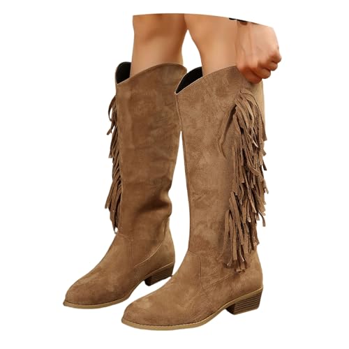 MEECHI Western Cowboystiefel Mit Fransen Damen Langschaft Boots Mit Blockabsatz Retro Wildleder Reitstiefel Warm Schlupfstiefel Herbst Winter Übergangsstiefel(Brown,39 EU)