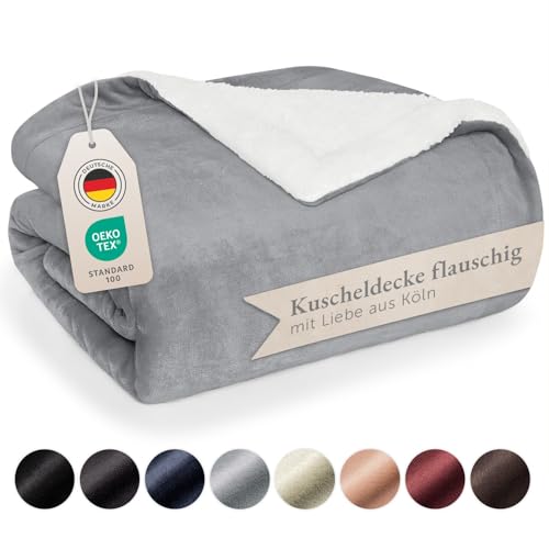 Blumtal Premium Sherpa Kuscheldecke flauschig 150x200 cm - Oeko-Tex zert. Sofa Decke mit Dicker Sherpa-Innenseite - super Flauschige Decke extra dick und wärmend - Wohn- & Kuscheldecken - Grau