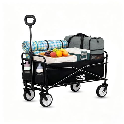 Bollerwagen faltbar 80kg belastbar,Mini Faltbarer Handwagen mit Getränkehalter Transportwagen Einkaufstrolley klappbar Strandwagen für Garten Camping Festival (Schwarz)