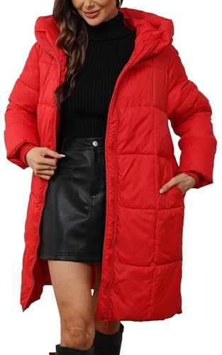 Maeau - Lange Daunenjacke mit Kapuze, für Damen, Winter, Reißverschluss, warm, aus Daunen, gesteppt, gefüttert, Parka, lang, lässig, EU XS-2XL = (Etikett S-3XL), rot, 32