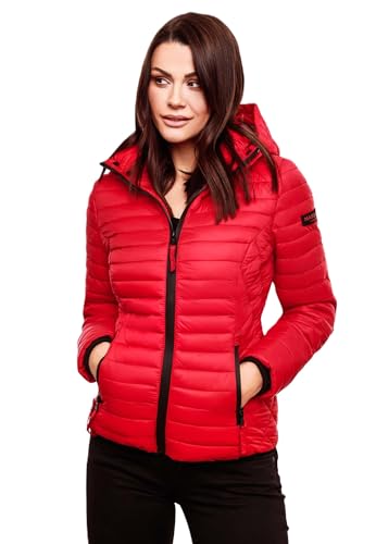MARIKOO Damen Jacke Steppjacke Übergangsjacke mit Kapuze gesteppt B600 [B600-Samt-Rot-Gr.S]
