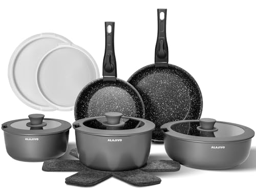 Topfset mit Abnehmbarer Griff, 17-Teilig Topfsets Pfannenset mit Antihaft Beschichtet, Topfset Induktion Kochtopf Set mit Deckel, für Alle Herdarten, Backofenfest, Ofenfest (grau)