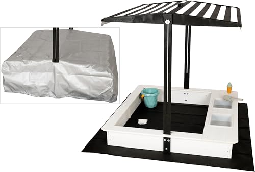 WONDERMAKE® Design Sandkasten mit Matschküche, Dach, Abdeckung Oxford 420D, Vliesfolie, Sandkiste Holz quadratisch verschließbar Outdoor Garten für Kinder, schwarz weiß