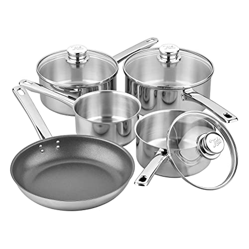Tala Performance 5-teiliges Kochgeschirr-Set aus Edelstahl mit Töpfen und Glasdeckeln, 16, 18 und 20 cm, 14 cm Milchpfanne, 24 cm Antihaft-Bratpfanne, 5-teiliges Set, poliert, glänzend