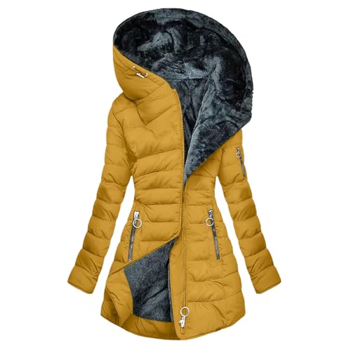 AACH Steppjacke Damen Dickere Daunenjacke Winter Langarm Kapuzenjacke Fleece Gefütterte Winterjacke Slim Fit Einfarbig Wintermantel Full Zip Modische Pufferjacke mit Taschen Outdoorjacke