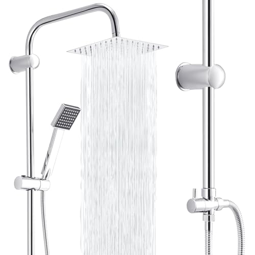 Trintion Regendusche Duschsystem 20 * 20cm Duschsets Duschstangen Duschmischer mit zwei Köpfen Verstellbare Kopfbrausen Duschköpfe Handbrausen-Sets mit Schlauch und Stange (Quadrat, Silber)