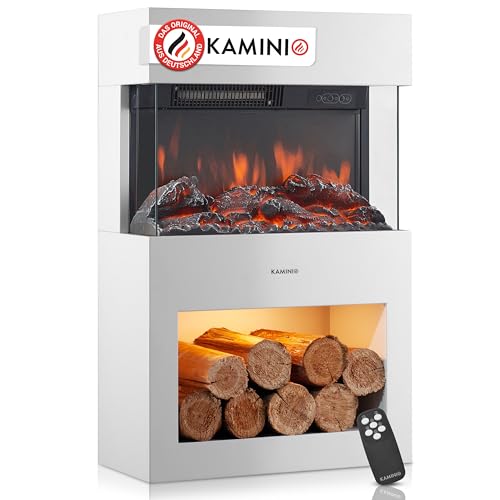KAMINIO Elektrokamin Henri - Elektrischer Kaminofen mit Heizung, 3D-Flammeneffekt, Holzfach, LED-Ambientelicht, Fernbedienung (Weiß)
