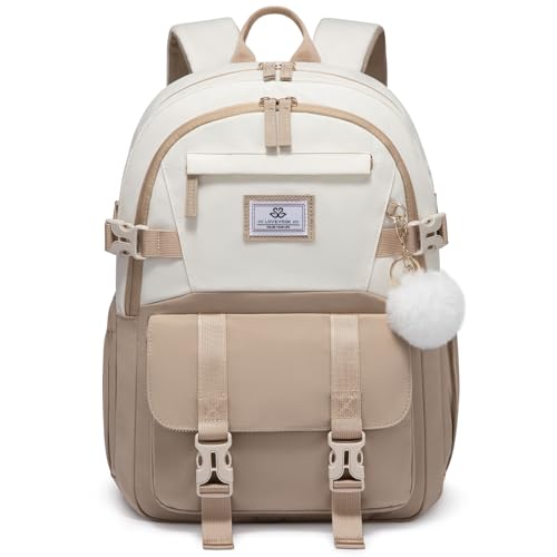 LOVEVOOK Schulrucksack Teenager Mädchen 10-18 Jahre, Rucksack Damen mit Großem Flaschenfach, Multi-Tasche Schulranzen Schultasche, Wasserdicht School Bag 15,6 Zoll Laptop für Schule Uni, Khaki Beige
