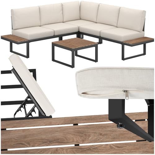 tectake® Gartenlounge Set 4-teilig, wetterfest, Gartenmöbel mit Aluminium-Gestell und Polywood-Tisch, verstellbare Rückenlehne, Gartenmöbel Set mit Kissen, Gartenlounge für Garten, Balkon, Terrasse
