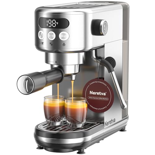Neretva Espressomaschine 20 Bar, Super-Kompakt Siebträgermaschine Edelstahl Professionelle Kaffeemaschine Espresso mit LED-Anzeige&Milchaufschäumer für Startseite Barista Latte und Cappuccino Maschine