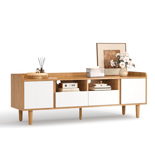 LINSY HOME TV Schrank, Colorblocking TV Lowboard, Holzmaserung Fernsehtisch, für Fernseher bis zu 65 Zoll, Fernsehschrank für Wohnzimmer, Esszimmer, Schlafzimmer, 150 x 40 x 53 cm