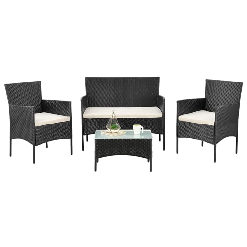 Juskys Polyrattan Sitzgruppe Fort Myers 4 Personen mit 2er Sofa, 2 Stühle, Tisch & Sitzkissen wetterfest schwarz/Creme Balkonmöbel Gartenmöbel Set