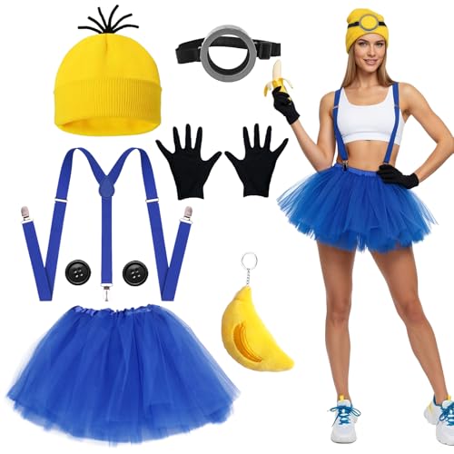 7 STK Gelbes Kostüm Set for Erwachsener Karneval Halloween Kostüme für Hut Handschuhe Schutzbrille Knöpfe Rock Hosenträger Bananen-Schlüsselanhänger Gelbes Kostüm für Halloween Karneval Film Cosplay-A