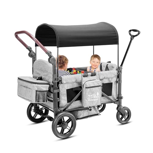 Bollerwagen faltbar mit Dach,Premium Bollerwagen für 2 Kinder Doppel-Kinderwagen Handwagen mit Dach,Snack Tablett,5-Punkt-Gurt,geländegängigen PU-Rädern Transportwagen Ziehen & Schieben,grau