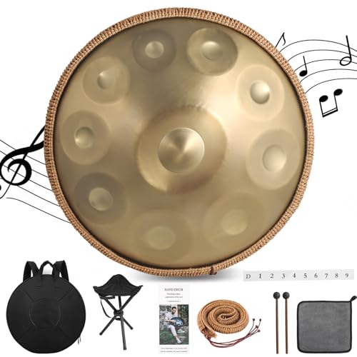 Derlvbak Handpan Instrument, 22 Zoll 9/10 Töne 440/432HZ Hand Pan Drum Steel Tongue Drum Zungentrommel für Yoga, Meditation mit Handtaschen Trommelstöcken, Trommelständer (10 Töne-440HZ)