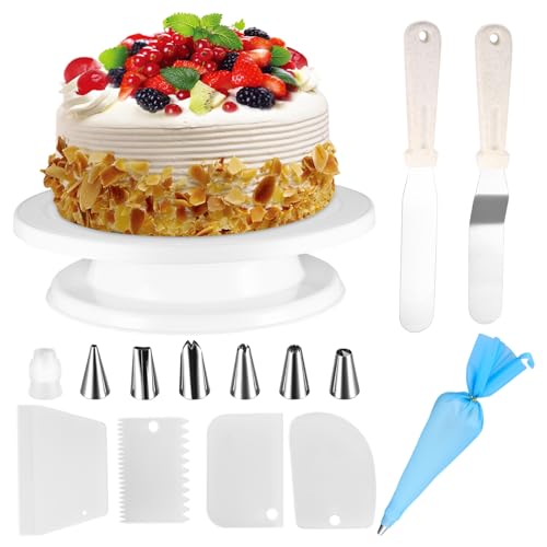 Tortenplatte, Drehbarer Tortenständer, Kuchen Drehteller Dekorations Kits, Cake Decorating Turntable mit Kuchenschabern, Tortenspachtel Glätter, Spritzbeuteln Spritzspitzen, Tortenzubehörset