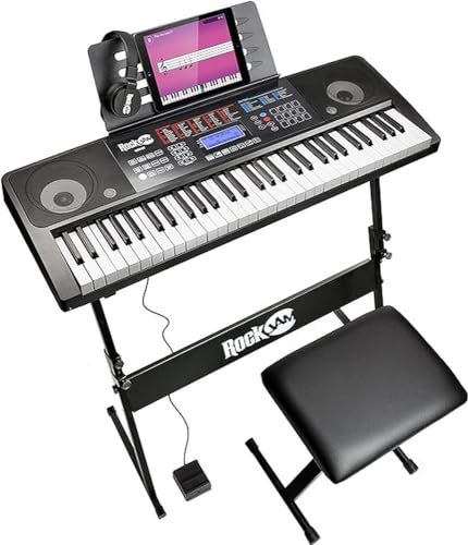 RockJam 61 Key Touch Display Keyboard Piano Kit with Digital Bench, Electric Stand, Headphones Note Stickers, Sustain Pedal & Simply Lessons