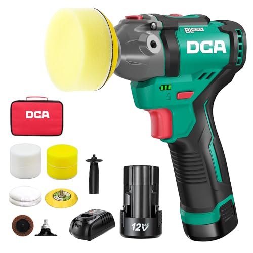 DCA Mini Poliermaschine Auto, 12V Akku Poliermaschine, 75mm Bürstenlose Auto Polierer und 50mm Schleifmaschine, 2x 2,0Ah Akkus, 2 Geschwindigkeit 2800-8300 U/min für die Autopflege Schleifen/Wachsen