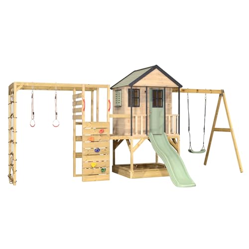 Wendi Toys M50-G Stelzenhaus mit Rutsche, Schaukel, Kletterturm aus FSC-Holz, Spielhaus Kinder Outdoor mit Plattform 90/120 cm, Kletterwand, Kletternetz, Sandkasten, 342×508×242 cm