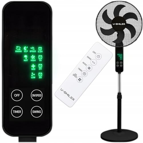 U-SMILER Ventilator mit Fernbedienung, Ventilator Leise 55W, 6 Klingen, 90° Oszillation, 3 Geschwindigkeiten, LED, Timer 4h, Standventilator, Bodenventilator, Schlafzimmer Kühlung, Schwarz